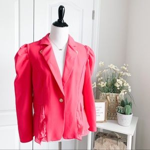 Retro Hot Pink Puff Sleeve Ruffle Bottom Blazer Size Large to XL